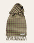 Oliverman brown, green and beige checked lambswool scarf with fringed ends, arranged on a cream background.